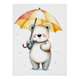 Watercolor Bear with Umbrella and Raindrops  Poster