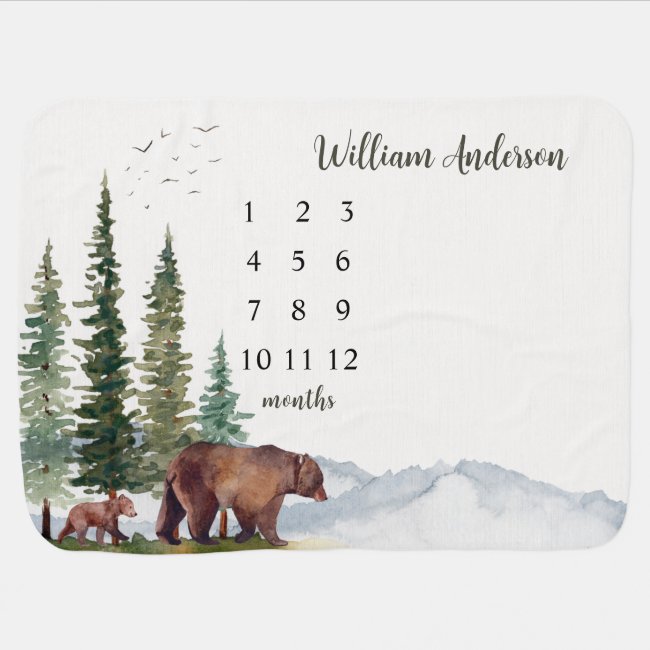 Watercolor Bear Woodland Milestone  Baby Blanket