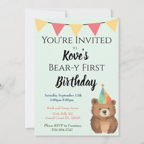 Watercolor Bear_y First Birthday Invite