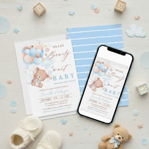 Watercolor Bearly Wait Baby Boy Hot Air Balloon Invitation