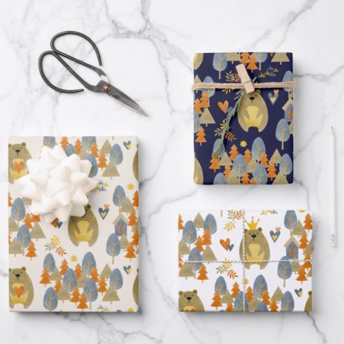 Watercolor Bears in the Forest Pattern Wrapping Paper Sheets