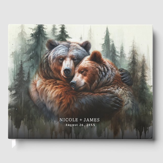 Watercolor Bears Rustic Wilderness Wedding Guest Book (Front)