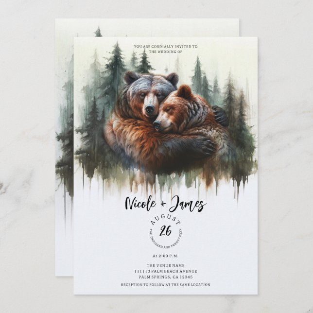 Watercolor Bears Rustic Wilderness Wedding Invitation (Front/Back)