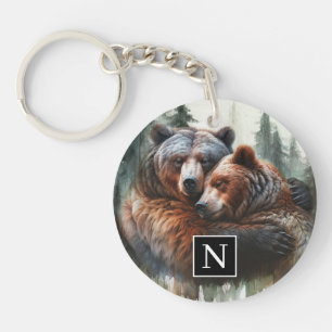 Watercolor Bears Rustic Wilderness Wedding Keychain