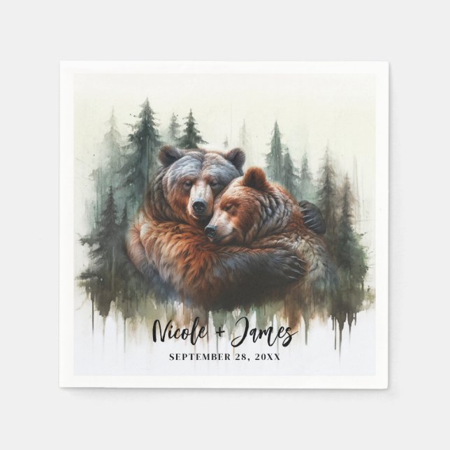 Watercolor Bears Rustic Wilderness Wedding Napkins (Front)