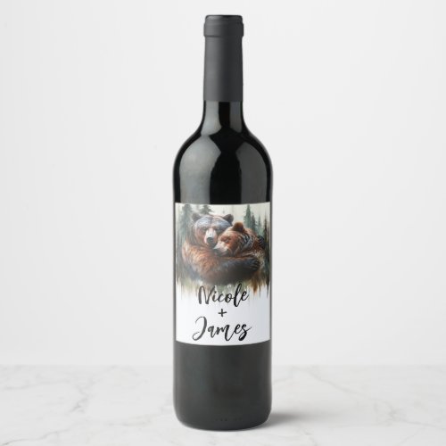 Watercolor Bears Rustic Wilderness Wedding Wine Label