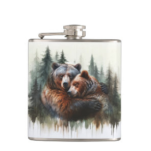 Watercolor Bears & Trees Rustic Wilderness  Flask