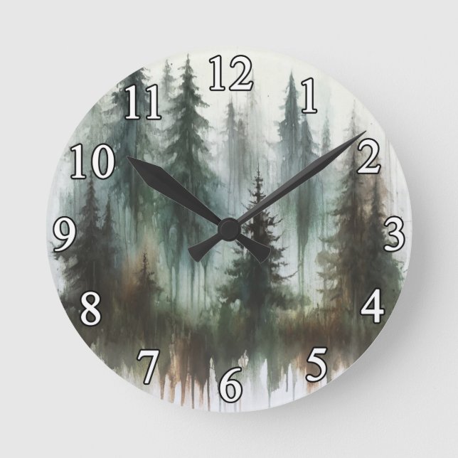 Watercolor Bears & Trees Rustic Wilderness  Round Clock (Front)