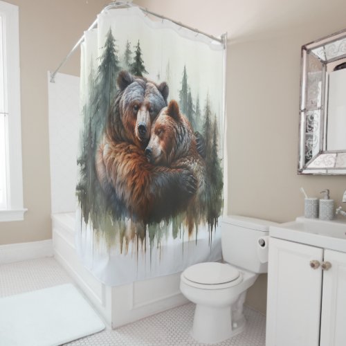 Watercolor Bears  Trees Rustic Wilderness  Shower Curtain
