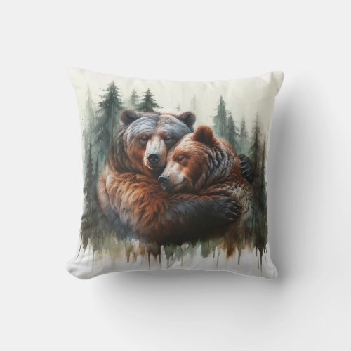 Watercolor Bears  Trees Rustic Wilderness  Throw Pillow