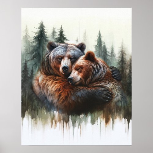 Watercolor Bears Trees Rustic Wilderness Wall Art