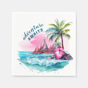 Watercolor Beautiful Beach Palm Tree Mountain View Napkins