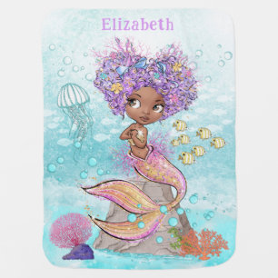 Watercolor Beautiful Brown Little Mermaid Baby Bla Baby Blanket