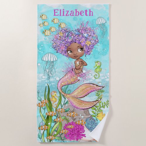 Watercolor Beautiful Brown Little Mermaid Beach Towel