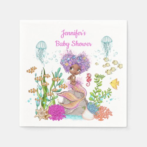 Watercolor Beautiful Brown Little Mermaid Birthday Napkins