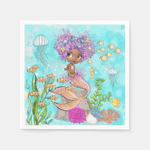 Watercolor Beautiful Brown Little Mermaid Birthday Napkins