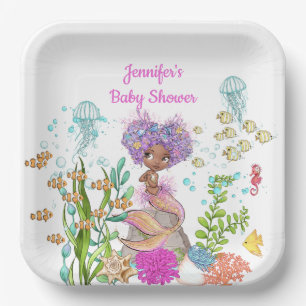 Watercolor Beautiful Brown Little Mermaid Birthday Paper Plates