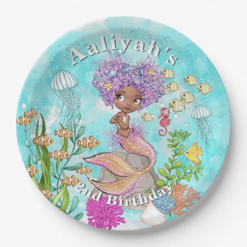 Watercolor Beautiful Brown Little Mermaid Birthday Paper Plates