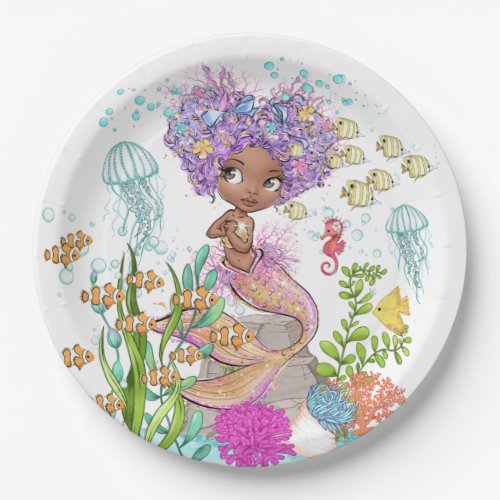 Watercolor Beautiful Brown Little Mermaid Birthday Paper Plates