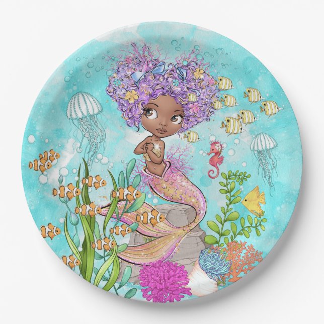 Watercolor Beautiful Brown Little Mermaid Birthday Paper Plates (Front)