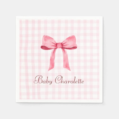 Watercolor Beautiful Classic Gingham Pink Bow Girl Napkins