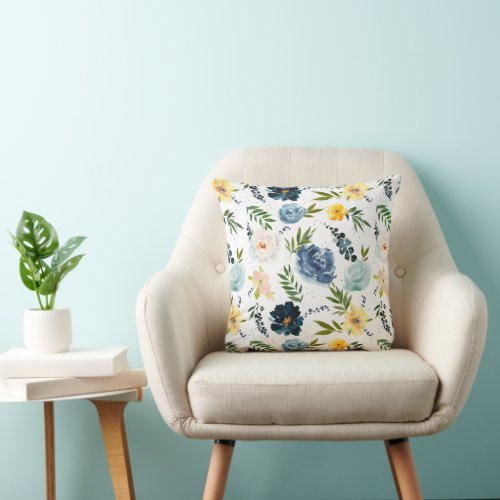 Watercolor Beautiful Flower Roses Blue Yellow   Throw Pillow