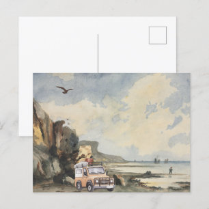 Watercolor beautiful landscape beach view postcard
