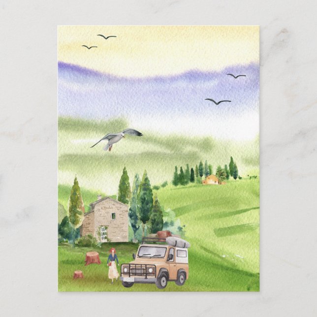 Watercolor beautiful landscape hill camper  postcard (Front)