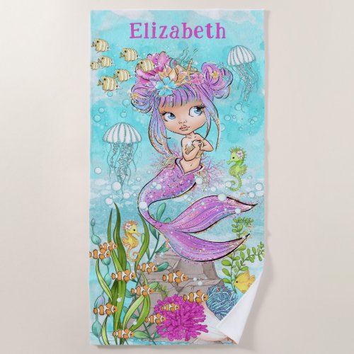 Watercolor Beautiful Little Mermaid Beach Towel