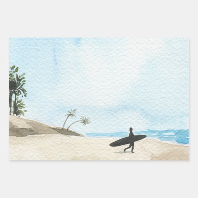 Watercolor Beautiful Ocean Beach and Surfer   Wrapping Paper Sheets (Front)
