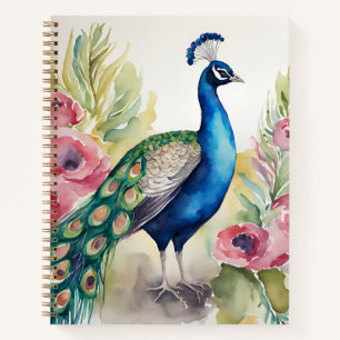 watercolor beautiful peacock among flowers notebook