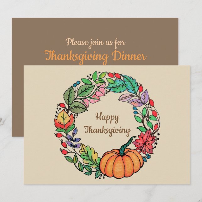 Watercolor Beautiful Pumpkin Wreath with leaves Invitation (Front/Back)