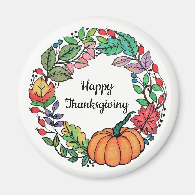Watercolor Beautiful Pumpkin Wreath with leaves Magnet (Front)