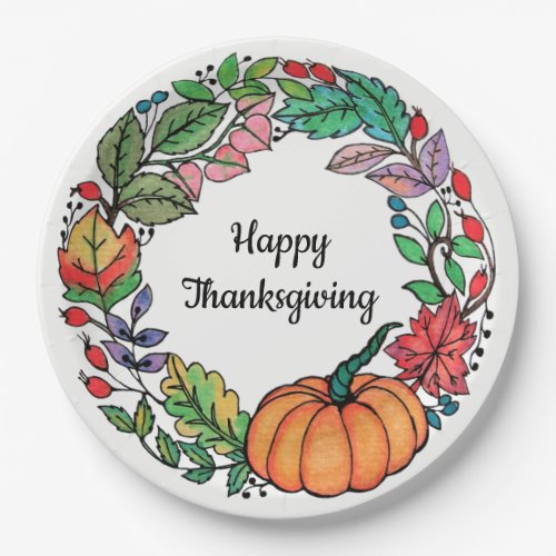 Watercolor Beautiful Pumpkin Wreath with leaves Paper Plates