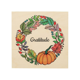 Watercolor Beautiful Pumpkin Wreath with leaves Wood Wall Art