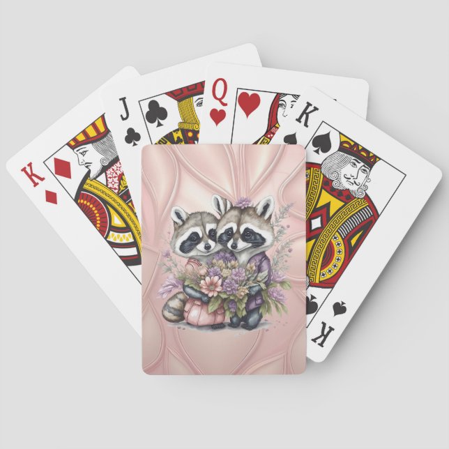 Watercolor Beautiful Raccoon Couple With Flowers Poker Cards (Back)