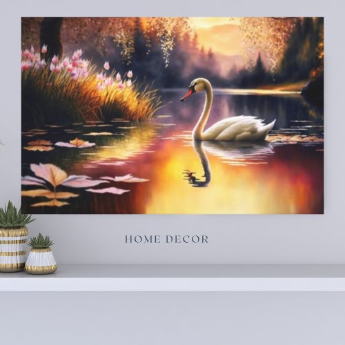Watercolor Beautiful White Swan in Lake Colorful Canvas Print