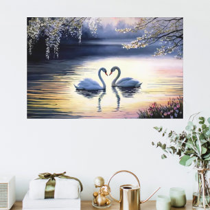 Watercolor Beautiful White Swans in Lake Canvas Print