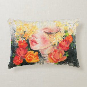 Watercolor beautiful woman and flowers accent pillow