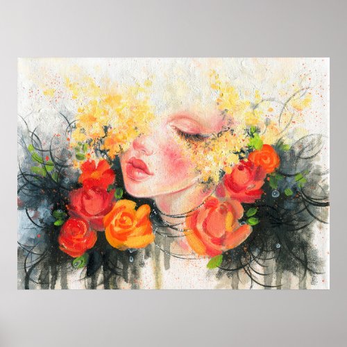 Watercolor beautiful woman and flowers poster