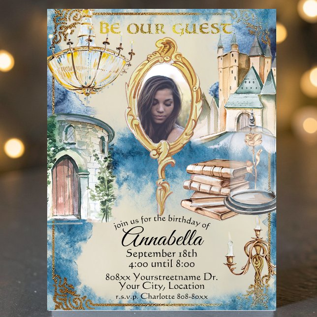 Watercolor Beauty and the Beast Photo Mirror Invitation (Creator Uploaded)
