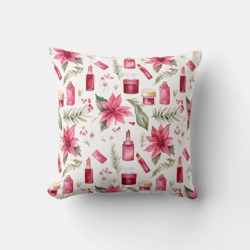 Watercolor beauty items lipstick Christmas florals Throw Pillow