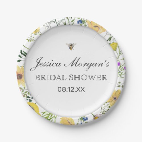 Watercolor Bee And Delicate Wildflower Baby Shower Paper Plates