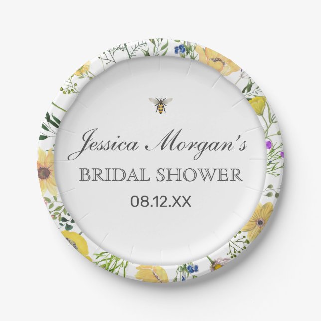 Watercolor Bee And Delicate Wildflower Baby Shower Paper Plates (Front)