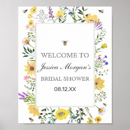Watercolor Bee And Delicate Wildflower Baby Shower Poster