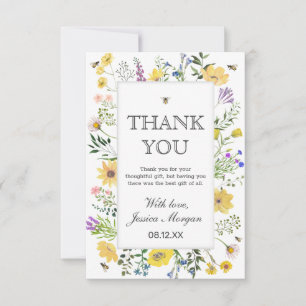 Watercolor Bee And Delicate Wildflower Baby Shower Thank You Card