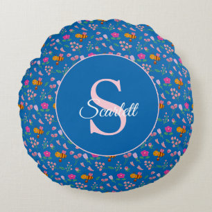 Watercolor Bee and Flowers Monogram Name Blue Round Pillow