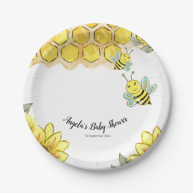 Watercolor Bee Baby Show Party Paper Plates (Front)