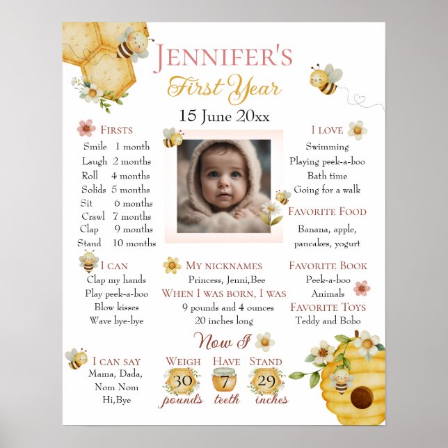 Watercolor Bee First Birthday Milestone Poster (Front)
