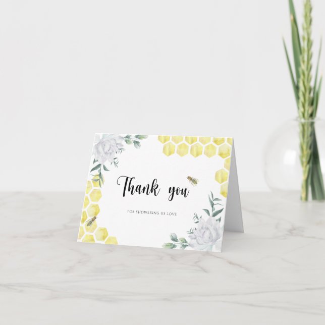 Watercolor bee floral bridal shower thank you card (Front)